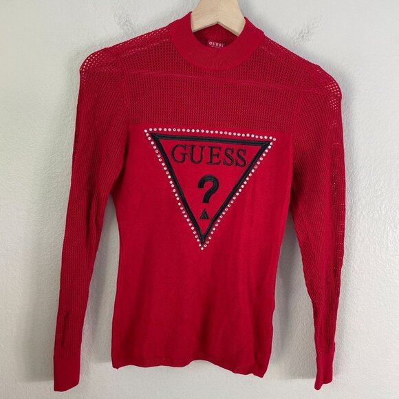 Y2K Guess Womens Small Red Mesh Knit Logo Sweater With Rhinestones - Picture 8 of 11